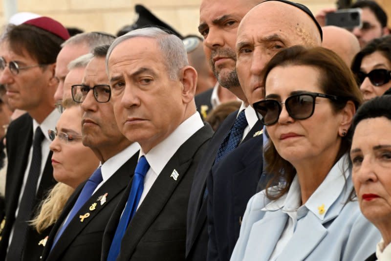 Israeli Prime Minister Benjamin Netanyahu attends a ceremony for Remembrance Day for the Fallen of Israel's Wars and Victims of Terrorism at Yad LeBanim in Jerusalem on Sunday, May 12, 2024. Photo by Debbie Hill/ UPI