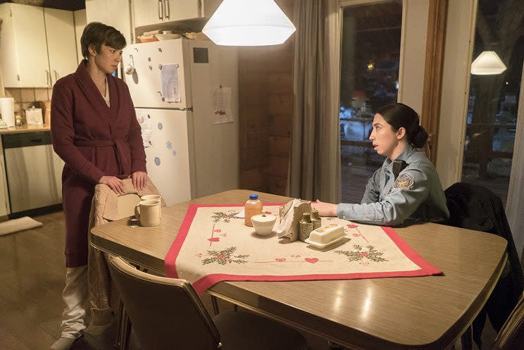 Carrie Coon as Gloria Burgle and Olivia Sandoval as Winnie Lopez in FX’s <em>Fargo</em>. (Photo: Chris Large/FX)