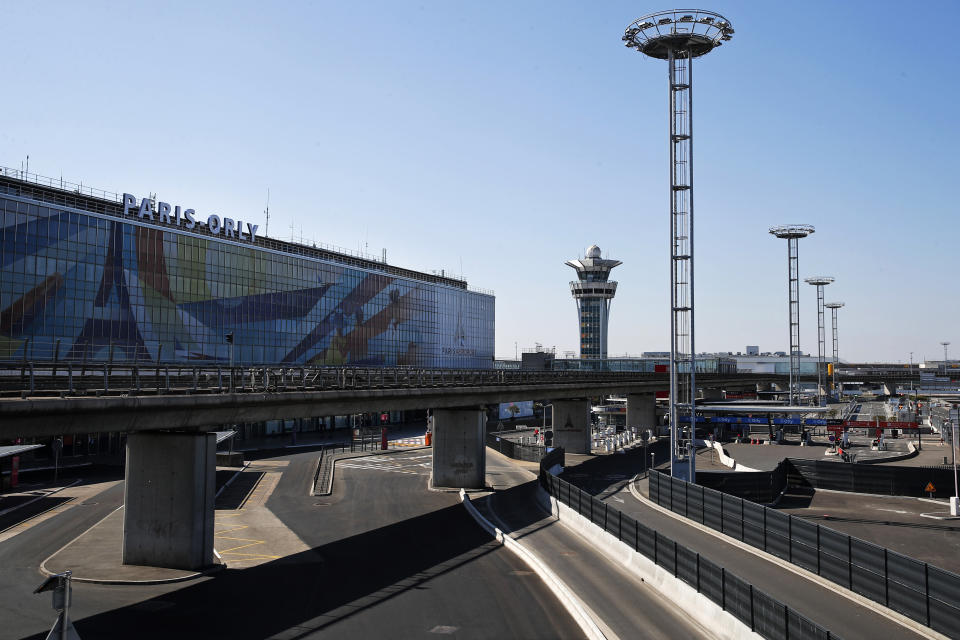 FILE - A view of the international airport of Orly, south of Paris, Wednesday, April 1, 2020. A newly extended Metro service, Line 14, from Paris' second major airport, Orly, to an Olympic hub in the northern outskirts that includes the athletes village, main stadium and an aquatics center remains on schedule to open a month before the Games. (AP Photo/Francois Mori, File)