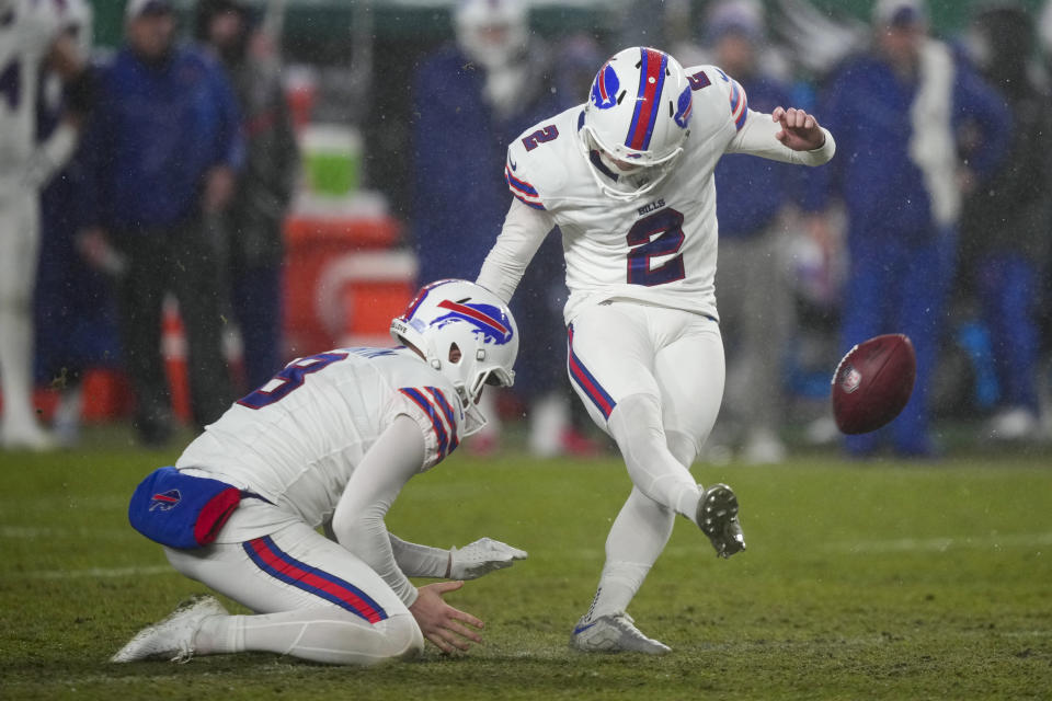 Buffalo Bills place-kicker Tyler Bass kicks a field goal against the Philadelphia Eagles during overtime in an NFL football game Sunday, Nov. 26, 2023, in Philadelphia. (AP Photo/Matt Slocum)