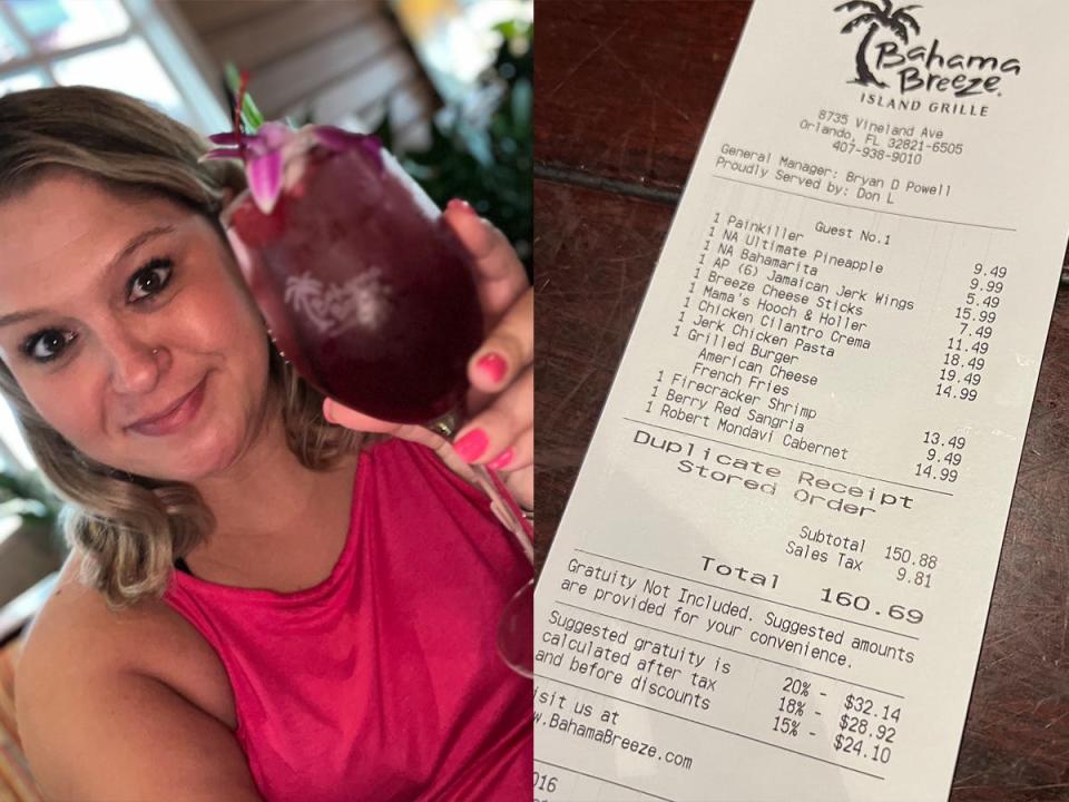 Terri Peters with cocktail at Bahama Breeze next to photo of $160 Bahama Breeze receipt