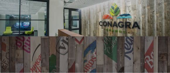 Lobby with Conagra logo, along with strips showing Conagra's brands.