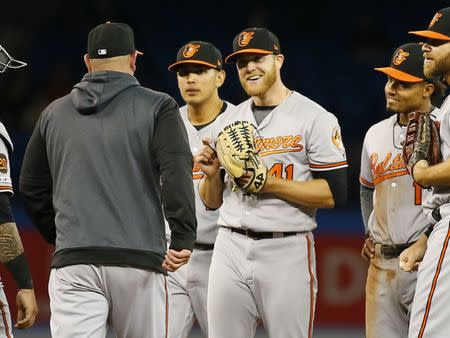 Apr 1, 2019; Toronto, Ontario, CAN; Baltimore Orioles starting pitcher David Hess (41) is taken out of the game in the the seventh inning against the Toronto Blue Jays at Rogers Centre. Baltimore defeated Toronto. Mandatory Credit: John E. Sokolowski-USA TODAY Sports