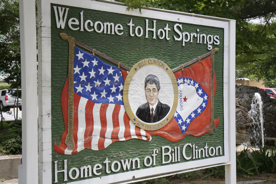 A sign in Hot Springs, Ark. noting it as  the hometown of Bill Clinton