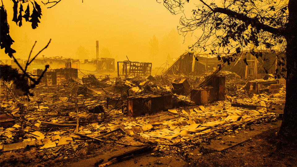 The charred remains of Gates Elementary School after the passage of the Santiam Fire in Gates, Ore., on Sept. 10. (Kathryn Elsesser/AFP via Getty Images)