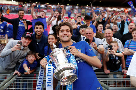 Soccer Football - FA Cup Final - Chelsea vs Manchester United - Wembley Stadium, London, Britain - May 19, 2018 Chelsea's Marcos Alonso celebrates winning the FA Cup with the trophy and fans Action Images via Reuters/Lee Smith