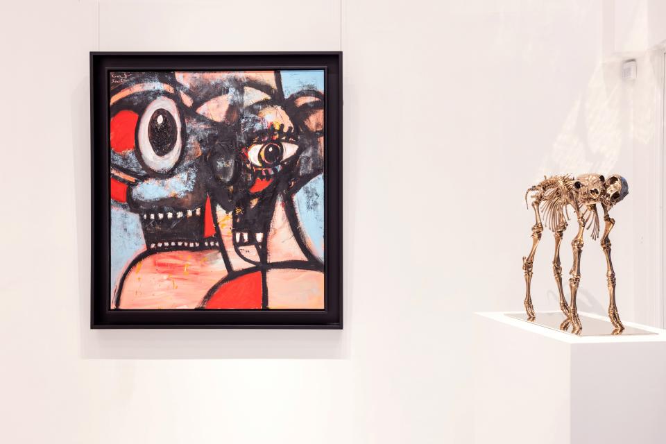 "Eyes Wide Open," by George Condo (left), and "False God," by Sherrie Levine, are now on view at Wynn Fine Art through April 14.