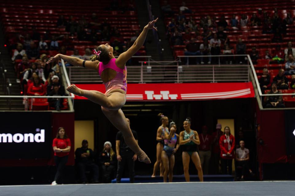 Makenna Smith performs her floor routine during the Red Rocks Preview at the Jon M. Huntsman Center in Salt Lake City on Friday, Dec. 15, 2023. | Megan Nielsen, Deseret News