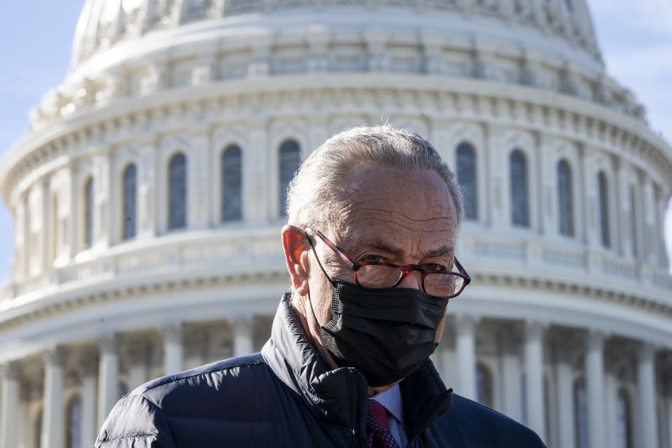 WASHINGTON, DC - FEBRUARY 4: Senate Majority Leader Chuck Schumer (D-NY) speaks during a press conference about student debt outside the U.S. Capitol on February 4, 2021 in Washington, DC. The group of Democrats re-introduced their resolution calling on President Joe Biden to take executive action to cancel up to $50,000 in debt for federal student loan borrowers. (Photo by Drew Angerer/Getty Images)