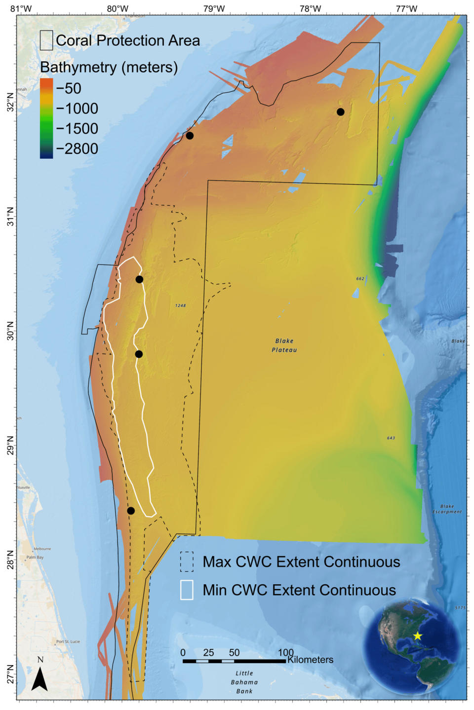 31 different multibeam sonar surveys led researchers to discover the extent of a deep-sea coral reef off the southeastern U.S. – the largest ever found.  / Credit: Derek C. Sowers, et al., "Mapping and Geomorphic Characterization of the Vast Cold-Water Coral Mounds of the Blake Plateau"