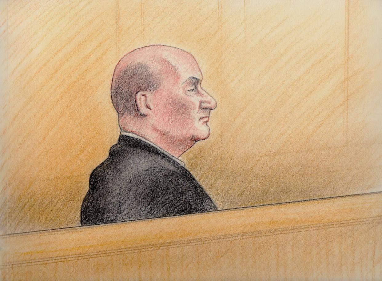 Ian Bush is seen in a courtroom sketch from one of his earlier trials. His lawyers are seeking new trials for both his murder and attempted murder convictions. (Sketch by Lauren Foster-MacLeod for CBC News - image credit)