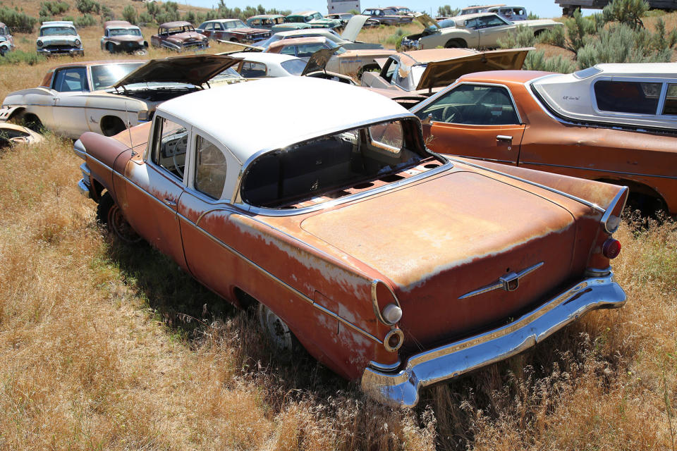 <p>How’s this for a wonderful collection of automobiles? Which would you like to take home? For us it’s the two-door 1958 Studebaker Champion closest to the camera, which is one of only 1,455 built. </p><p>Although the Idaho climate has been kind to the bodywork, the missing rear window has played havoc with the interior. L&L Classic Auto of Wendell, Idaho is asking $5500 for this unusual classic.</p>