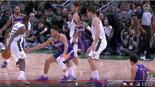 米道頓（Khris Middleton）背後運球晃倒布克（Devin Booker）。（圖／翻攝自YouTube）