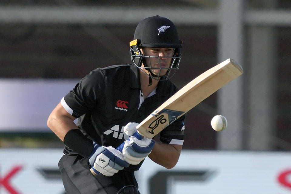 New Zealand's Mark Chapman plays a shot during the fifth one-day international cricket match between New Zealand and Pakistan, in Karachi, Pakistan, Sunday, May 7, 2023. (AP Photo/Fareed Khan)