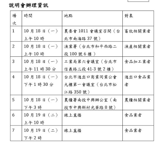 相關說明會時程。   圖：食藥署／提供