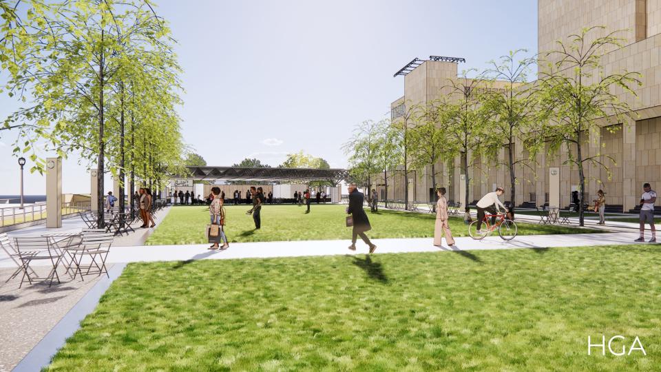 The Marcus Performing Arts Center's tree-lined lawn will include tables and chairs for the public.