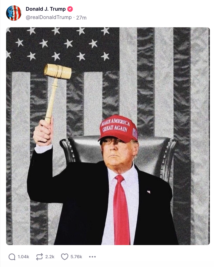 Donald Trump shared an edited image of himself holding the speaker’s gavel (Screenshot / Truth Social / Donald Trump)