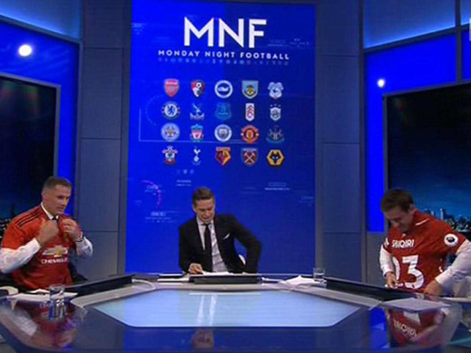 Jamie Carragher (left) and Gary Neville (right) wore Manchester United and Liverpool shirts respectively (Sky Sports Premier League)