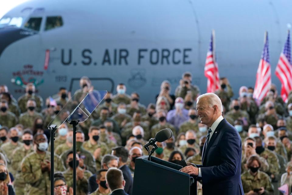 President Joe Biden speaks to American service members at RAF Mildenhall in Suffolk, England, Wednesday, June 9, 2021.