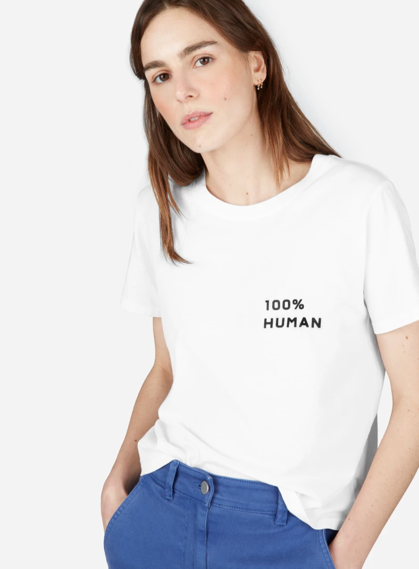 The 100% Human Woman Box-Cut Tee in Small Print. 