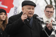 FILE - Jaroslaw Kaczynski, the head of the opposition conservative party Law and Justice, speaks to a crowd protesting against the new government of Prime Minister Donald Tusk, in Warsaw, Poland, on Feb. 10, 2024. Kaczynski is testifying Friday March 15, 2024 before a special parliamentary commission that investigates the purchase and allegedly illegal use of advanced spyware under the previous government that was led by Kaczynski’s right-wing party. The Pegasus spyware of the Israeli NSO Group was used to hack portable devices of the government’s opponents. (AP Photo/Czarek Sokolowski, File)