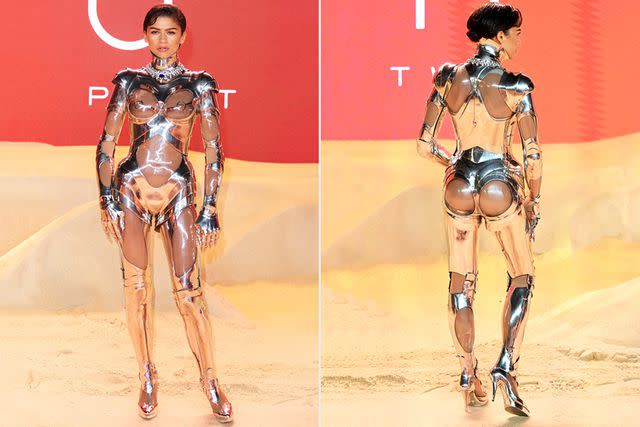 <p>Mike Marsland/WireImage; Samir Hussein/WireImage</p> Zendaya wears archival butt-baring Mugler couture suit to 