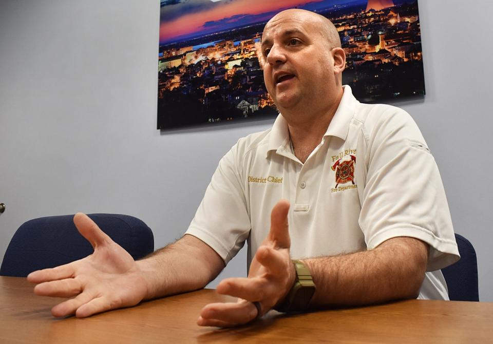 Fall River District Fire Chief Jeffrey Bacon speaks at fire department headquarters on Tuesday, Jan. 23, 2024. Bacon has been appointed the city's new fire chief.