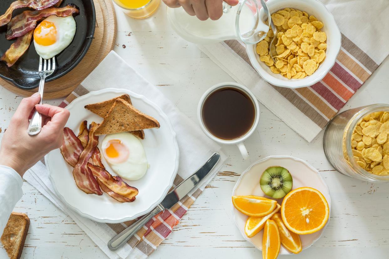 family eating American breakfast