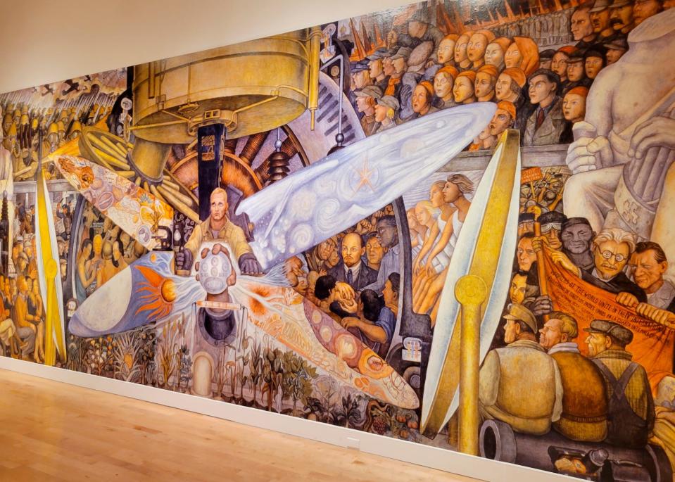 A reproduction of Diego Rivera's 1934 mural "Man at the Crossroads (detail)" dominates one wall at the Philbrook Museum of Art in Tulsa on July 30, 2022. The museum is showing the special exhibit "Frida Kahlo, Diego Rivera, and Mexican Modernism" through Sept. 11.