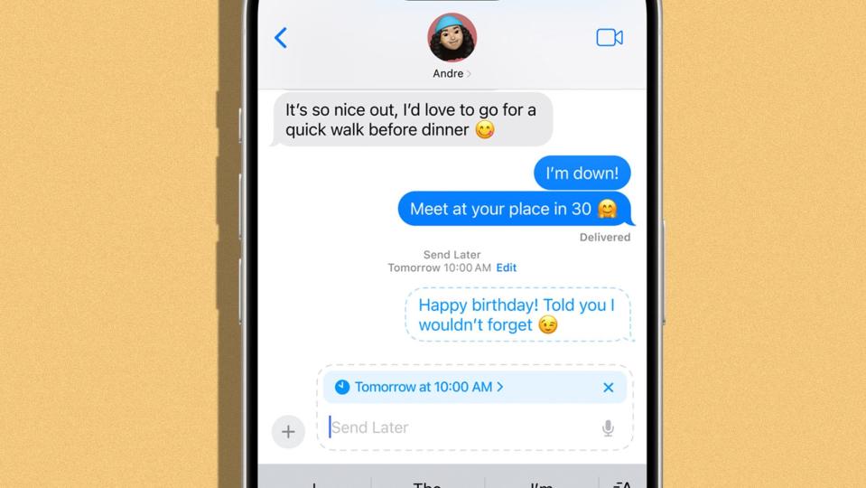 A phone screen shows a text message exchange. Andre suggests a walk. The other person agrees. An automated birthday reminder text is scheduled for tomorrow
