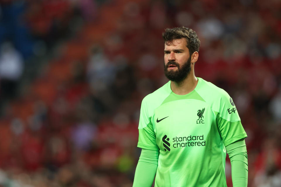 BANGKOK, THAILAND - JULY 12: Alisson Becker of Liverpool during the preseason friendly match between Liverpool and Manchester United at Rajamangala Stadium on July 12, 2022 in Bangkok, Thailand. (Photo by Matthew Ashton - AMA/Getty Images)