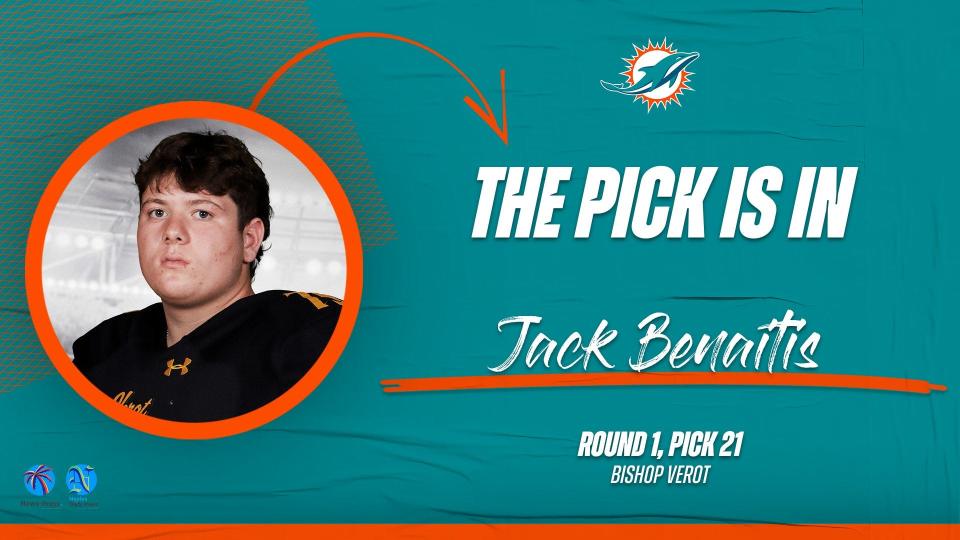 Bishop Verot offensive lineman Jack Benaitis, selected 21st overall by the Miami Dolphins
