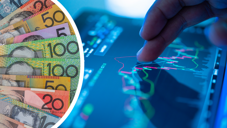 Australian currency fanned out and a person touching a smart screen showing generic stock price tracking,