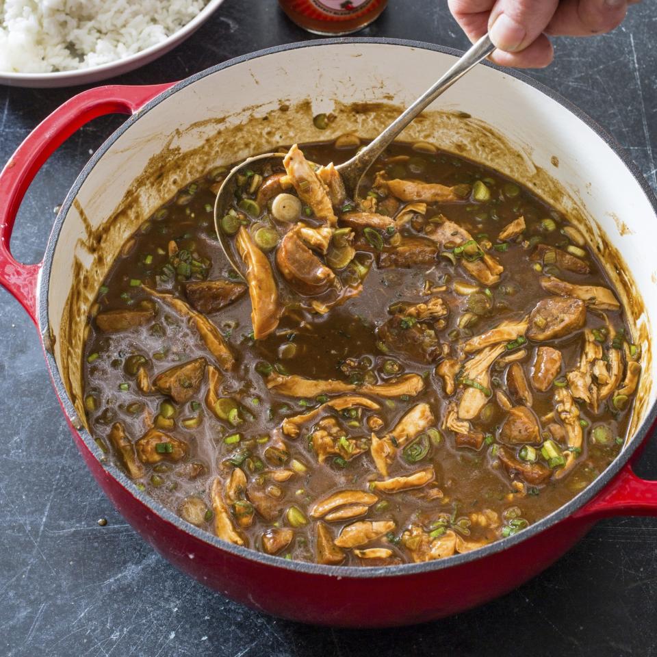 This undated photo provided by America's Test Kitchen in December 2018 shows Chicken and Sausage Gumbo in Brookline, Mass. This recipe appears in the cookbook "Dutch Oven." (Carl Tremblay/America's Test Kitchen via AP)