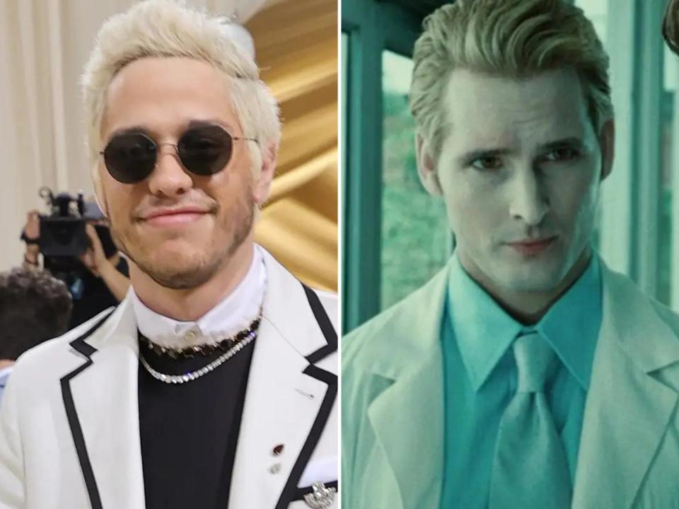 left: pete davidson at the met gala; right: carlisle in twilight