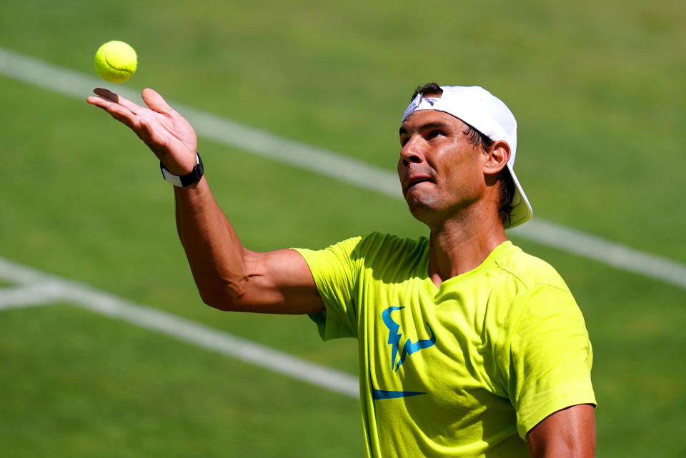 Rafael Nadal during a practice session ahead of the 2022 Wimbledon Championship at the All England Lawn Tennis and Croquet Club, Wimbledon. Picture date: Sunday June 26, 2022. (Photo by John Walton/PA Images via Getty Images)