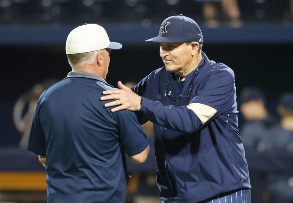 Keller head coach Rob Stramp and Flower Mound head coach Danny Wallace meet after the Conference 6A Region 1 Semi-final baseball playoffs at Dallas Baptist University in Dallas, Texas, Friday May 24, 2024.