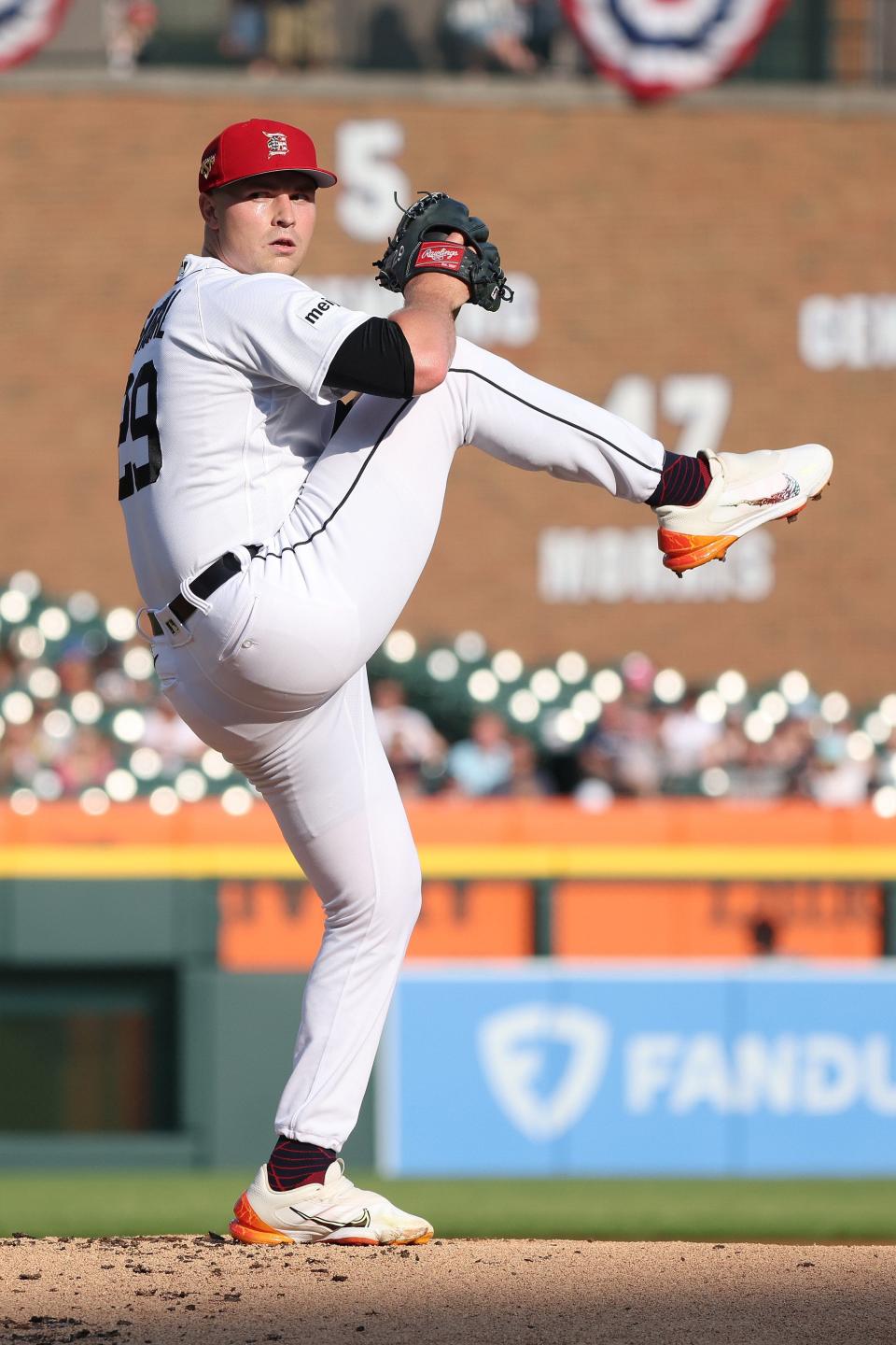 Tigers pitcher Tarik Skubal throws a pitch against the Athletics in the first inning on Monday, July 4, 2023, at Comerica Park.