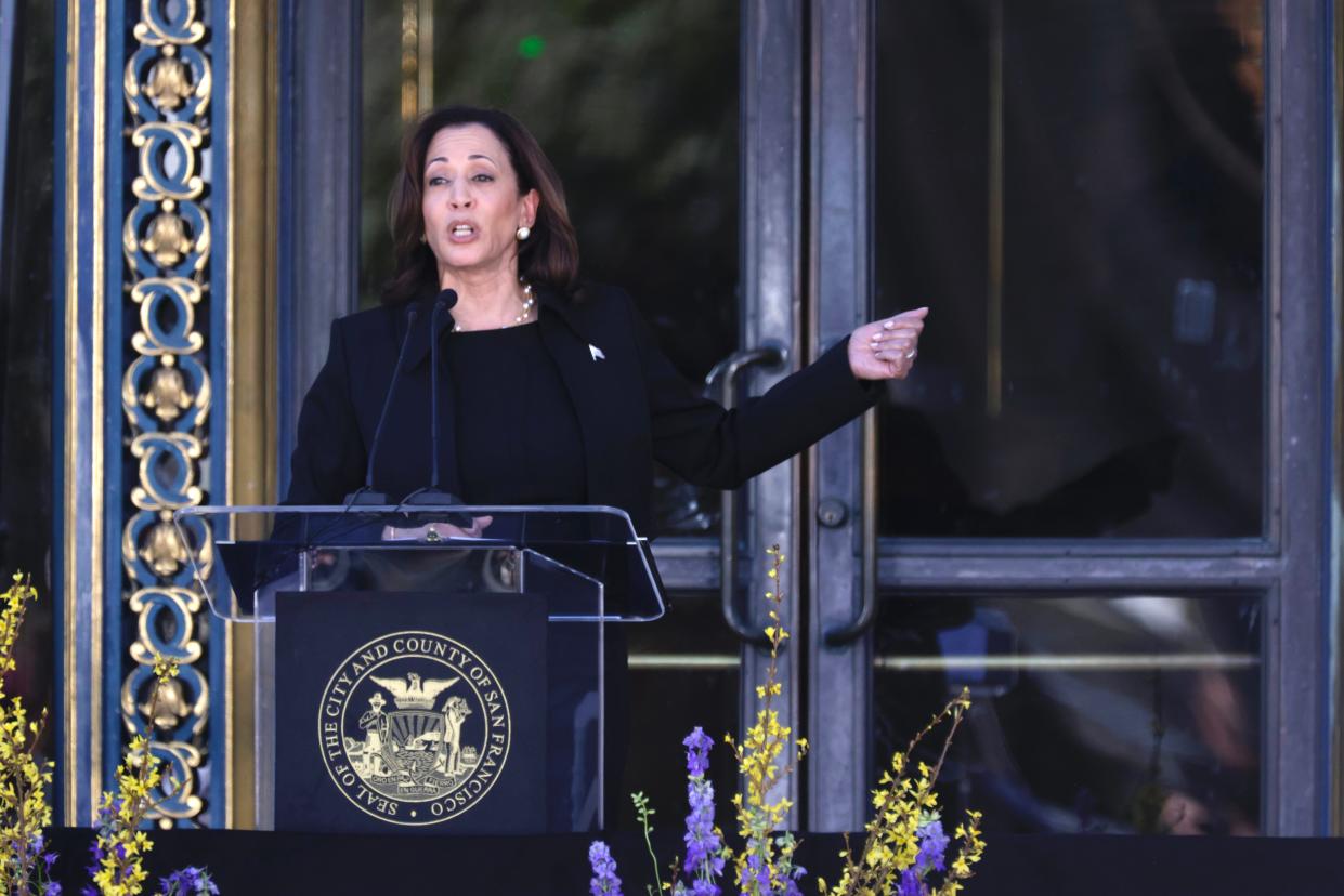 Vice President Kamala Harris speaks at the funeral service for the late US Senator Dianne Feinstein, at City Hall in San Francisco, California, on October 5, 2023.