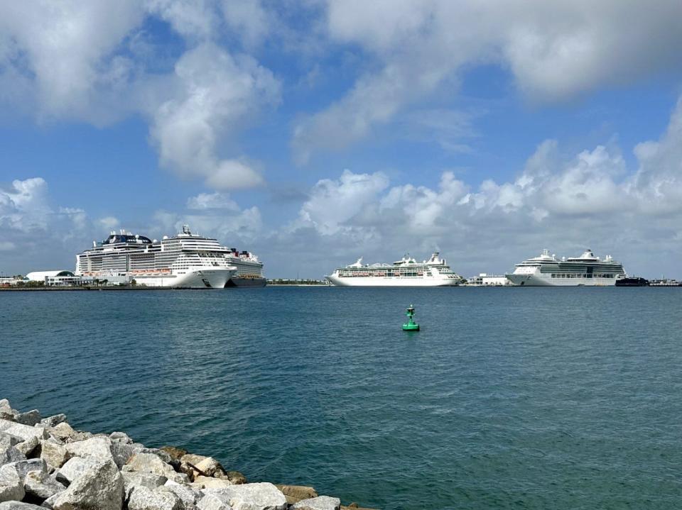 From left, the MSC Meraviglia, the Disney Fantasy, the Royal Caribbean Enchantment of the Seas and Royal Caribbean Jewell of the Seas were docked at Port Canaveral on Sunday.