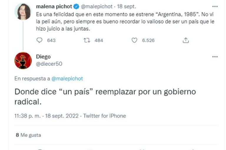 Al tuit de Malena Pichot se le cuestionaba que se hubiera referido a "un país" cuando la decisión de llevar adelante el Juicio a las Juntas fue de un sector específico
