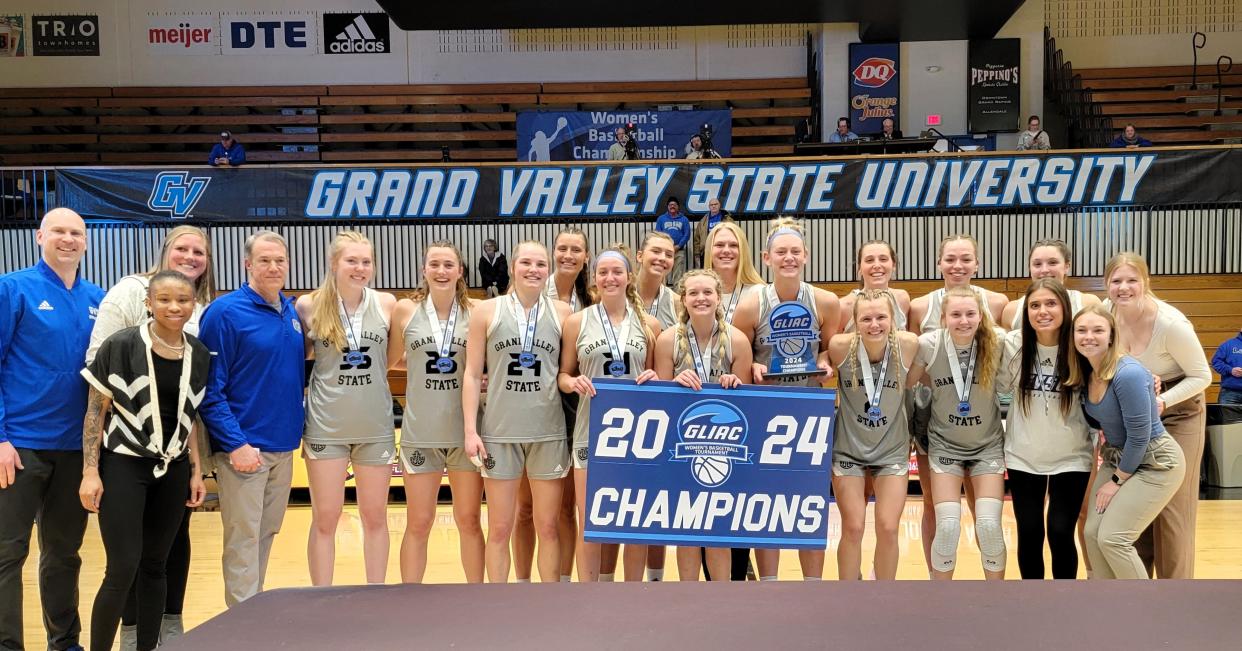 The Grand Valley State women's basketball team celebrates after winning the GLIAC Tournament championship on Sunday, March 10, 2024, at home.