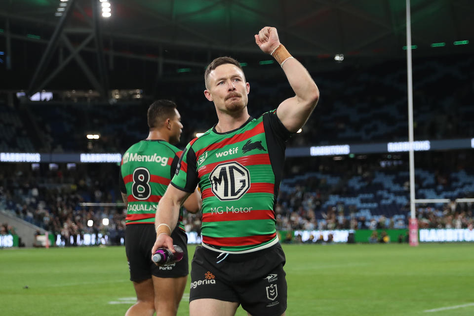 Seen here, Damien Cook salutes fans after a game for the Rabbitohs in the 2022 NRL season.