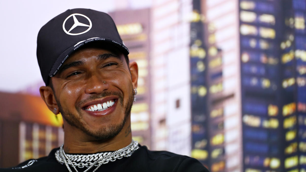 MELBOURNE, AUSTRALIA - MARCH 12: Lewis Hamilton of Great Britain and Mercedes GP talks in the Drivers Press Conference during previews ahead of the F1 Grand Prix of Australia at Melbourne Grand Prix Circuit on March 12, 2020 in Melbourne, Australia. (Photo by Dan Istitene - Formula 1/Formula 1 via Getty Images)