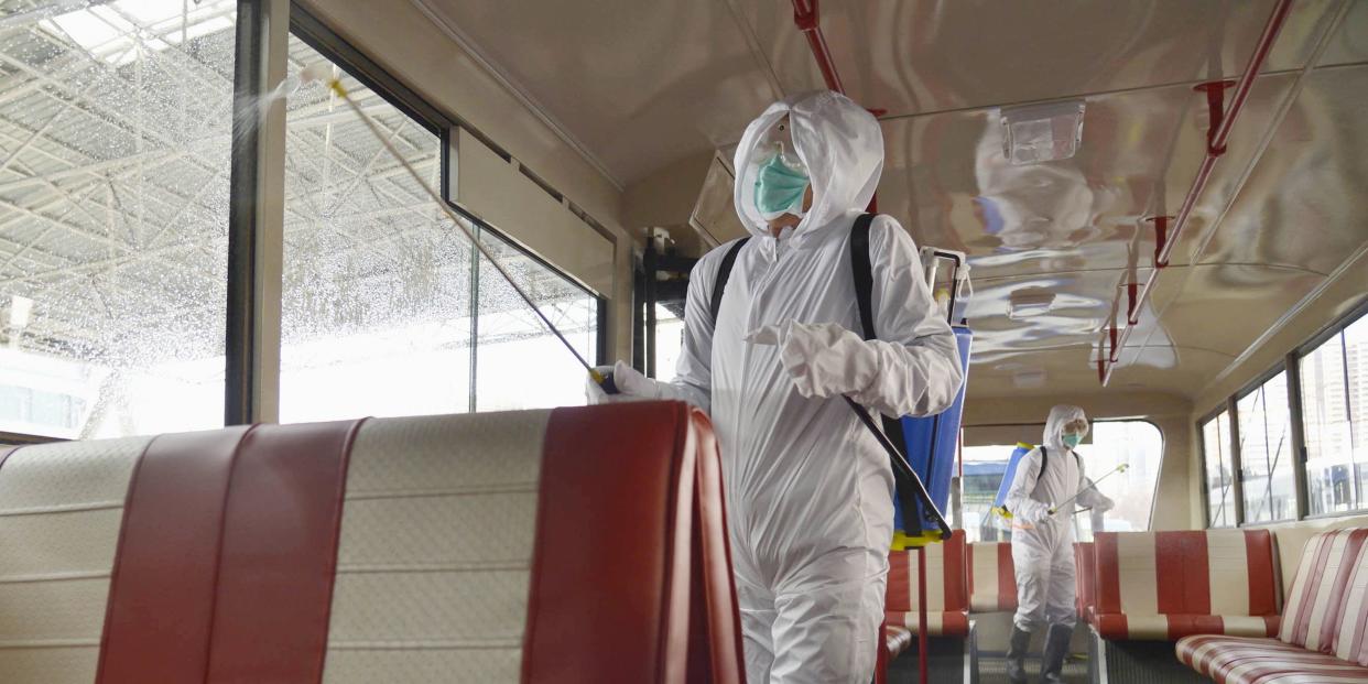 A trolley bus is disinfected in Pyongyang, North Korea, on February 22, 2020, amid fears over the spread of a new coronavirus.