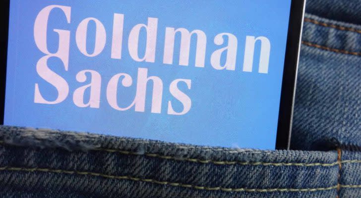 Image of a smartphone with the Goldman Sachs logo on it.