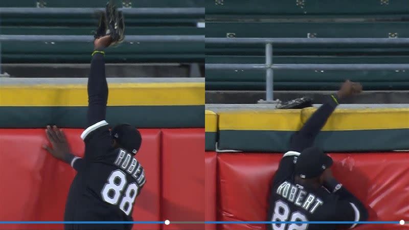 羅伯特（Luis Robert）沒收全壘打，手套跟球一起掉出牆。（圖／翻攝自MLB官網）