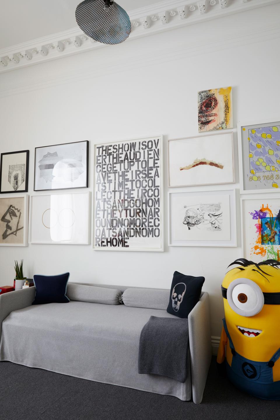 The second boys’ room in de la Cruz’s four-bedroom apartment features artworks by Nate Lowman, Joe Bradley, Félix González-Torres, Christopher Wool, Jim Hodges, Albert Oehlen, Laura Owens, and Rachel Harrison, all renowned contemporary artists.