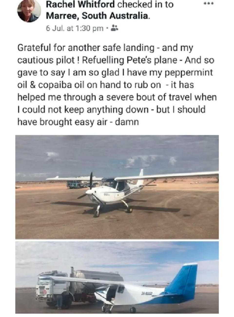 Rachel Whitford's Facebook post thanking her pilot for “another safe landing” hours before their plane crashed in outback South Australia. Source: Facebook