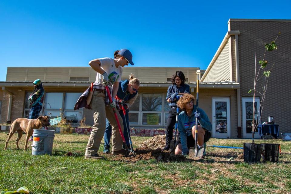 Volunteers with Trees Lexington plant trees around William Wells Brown Elementary. (Photo by Sally Lambert-Warfield)